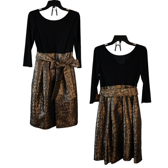 Jessica Howard, Metallic Leopard Print ¾ Sleeve V-Back Midi Dress, Black, Brown - Picture 2 of 7